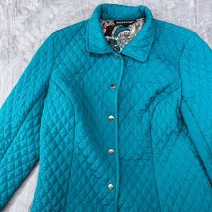 Briggs New York Women 10P Quilted Jacket Teal Button Front Stylish Casual